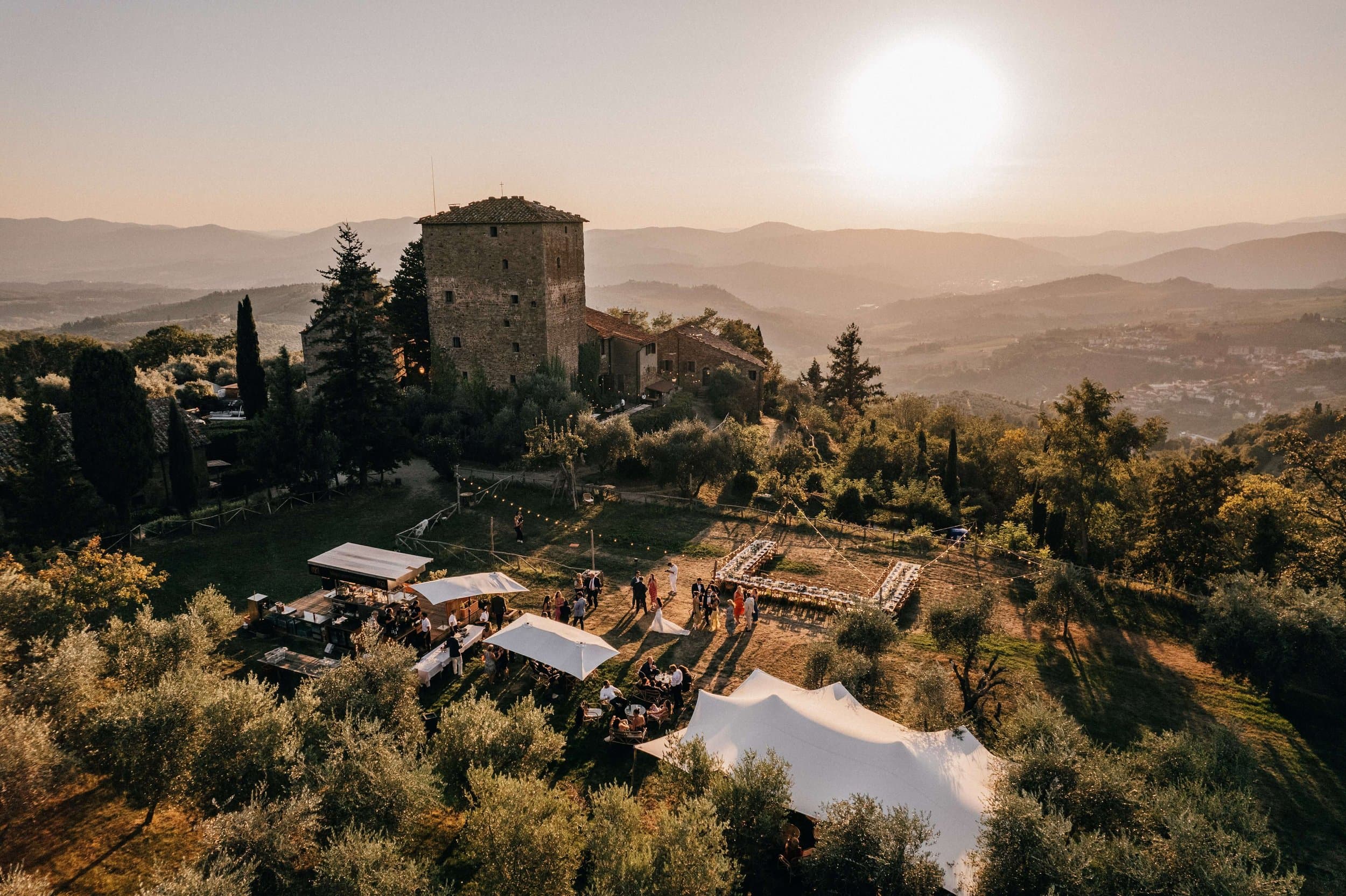 Aerial view of Castello di Ristonchi and the surrounding Tuscan hills