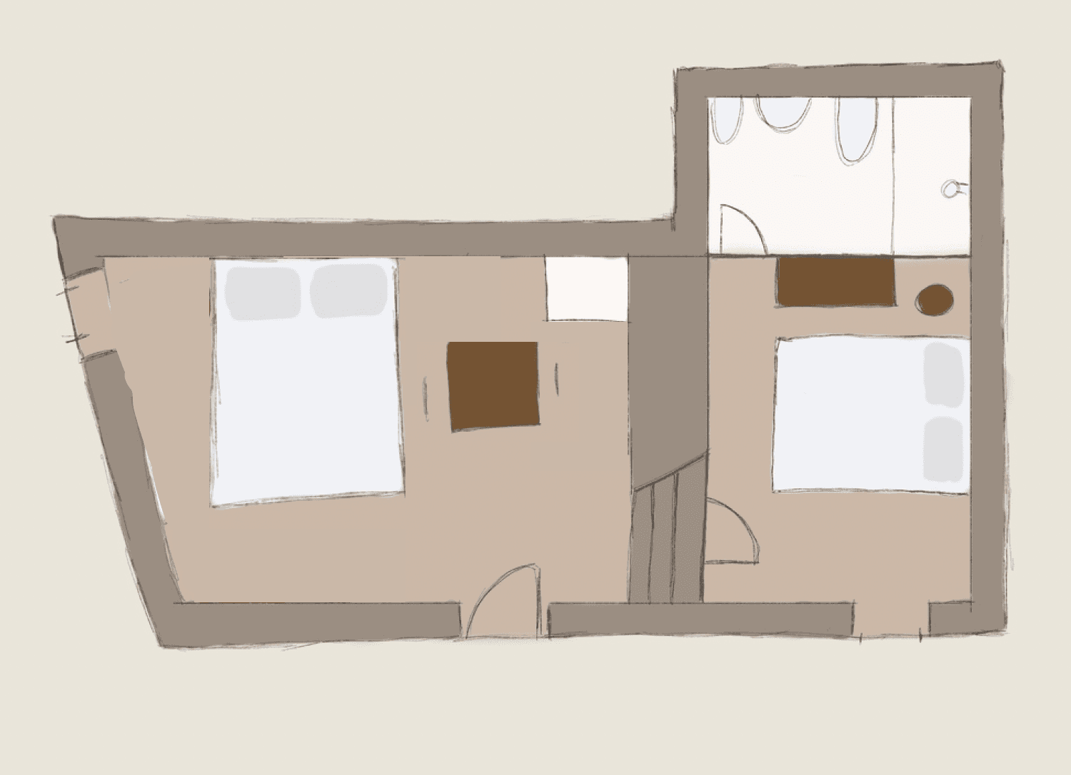 Floor plan of a typical guest room with bed and private bathroom